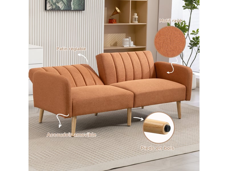 Canapé convertible 2 places design scandinave dossier inclinable 3 positions pieds bois tissu aspect lin marron - Conforama R