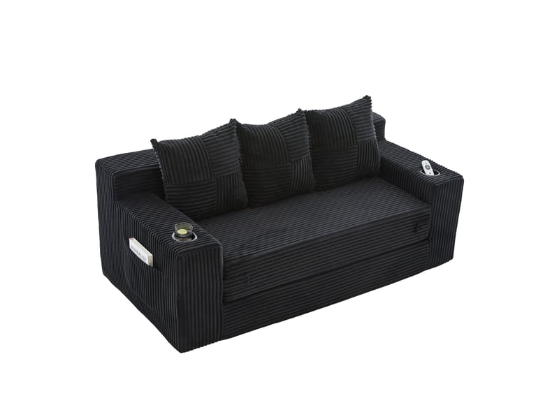  Canapé modulable 3 places modenvie en velours côtelé noir avec porte-gobelets et poches latérales 172 x 87 x 64 cm  - Conforama A