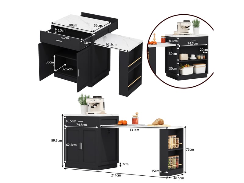 Desserte îlot de cuisine avec table extensible,2 portes,2 tiroirs,2 niches,2 étagères latérales et prise de courant,noir îlot de cuisine noir - Conforama C