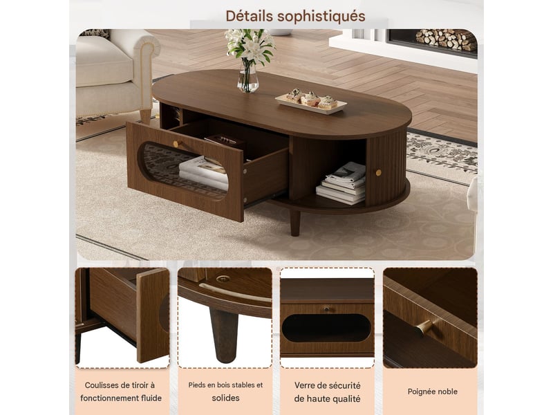  Table basse en mdf coloris noyer avec tiroir et portes rideaux 100x50x36 cm - pangivo  - Conforama E