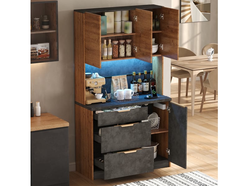  Buffet de cuisine 100x40x180 cm avec 3 tiroirs et 4 portes, éclairage led et prises en mdf couleur naturel et gris  - Conforama B