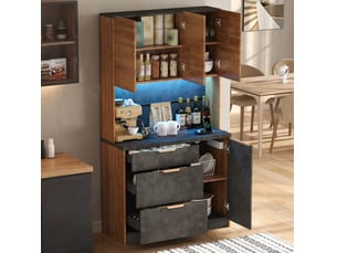 Buffet de cuisine 100x40x180 cm avec 3 tiroirs et 4 portes, éclairage led et prises en mdf couleur naturel et gris