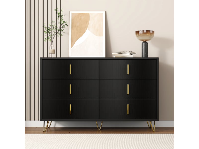  Buffet 6 tiroirs - lpospi - façade ondulée, poignées dorées panneaux de particules noir et or 120 × 40 × 77 cm  - Conforama E