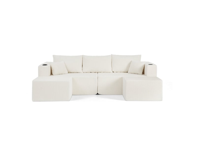  Canapé d'angle modulaire tcqpz 3 places en cordon beige avec ottomans mobiles, porte-gobelets, poches latérales et coussins  - Conforama A