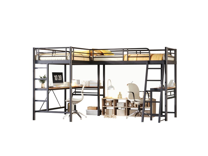  Lit mezzanine 90 × 200 cm 1 place avec bureau et échelle double, garde-corps haut, sans matelas, métal noir  - Conforama A
