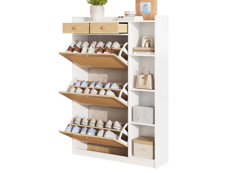  Meuble à chaussures rotin 3 abattants et 2 tiroirs, armoire étroite 24cm avec étagères, blanc et naturel  - Conforama A
