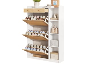 Meuble à chaussures rotin 3 abattants et 2 tiroirs, armoire étroite 24cm avec étagères, blanc et naturel