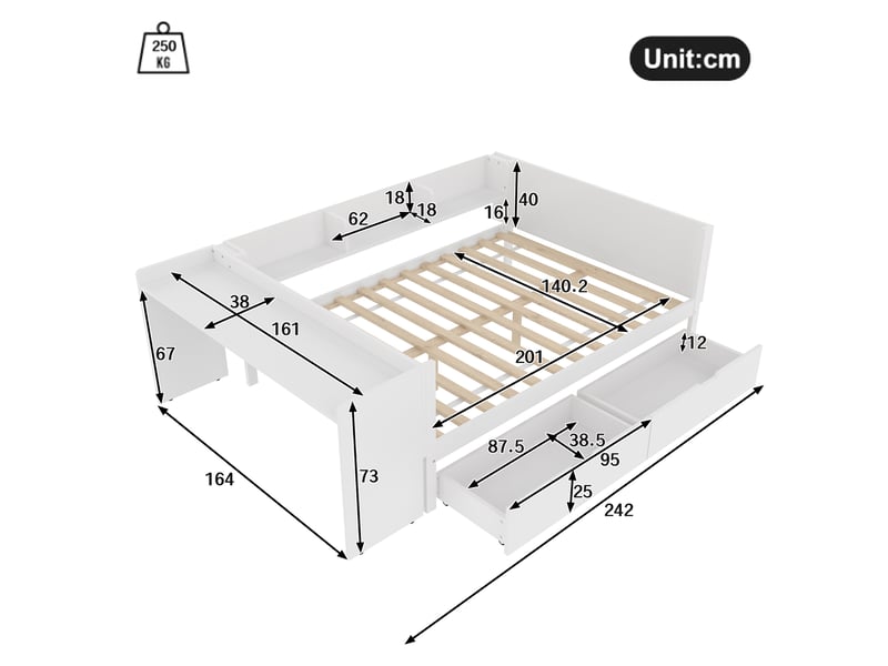 Lit double 140x200 en bois blanc avec bureau intégré et 2 tiroirs  - Conforama C