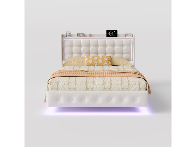  Lit double rembourré en velours - 160x200cm-blanc - avec éclairage led et étagère de tête de lit  - Conforama E