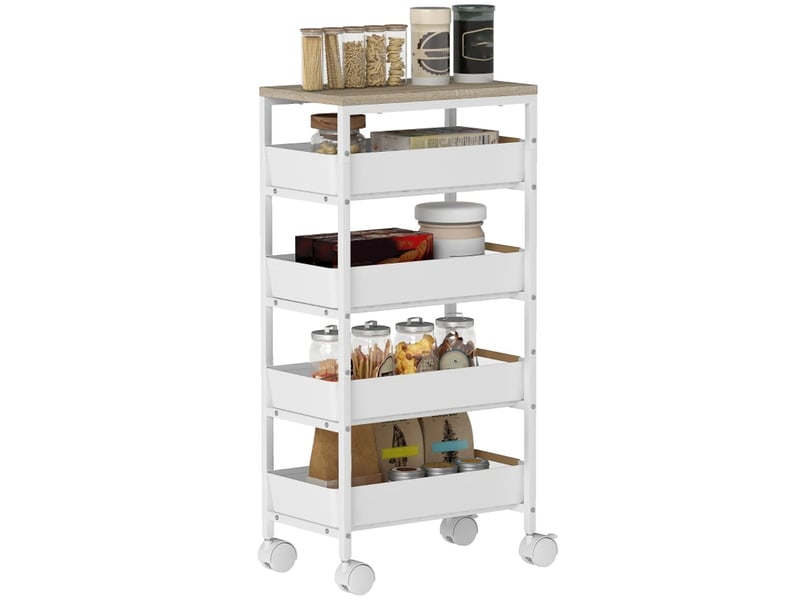 Chariot de cuisine cinq niveaux de rangement quatre tiroirs cadre métal aspect bois coloris blanc - Conforama A
