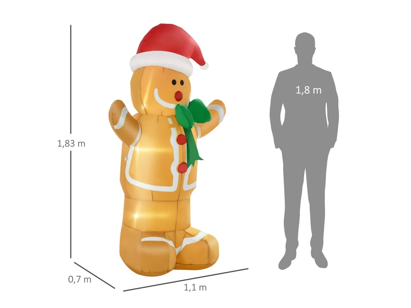  Décoration de noël gonflable : bonhomme en pain d'épice de 1,83 m avec nœud, 3 led, souffleur intégré, décoration de jardin  - Conforama E