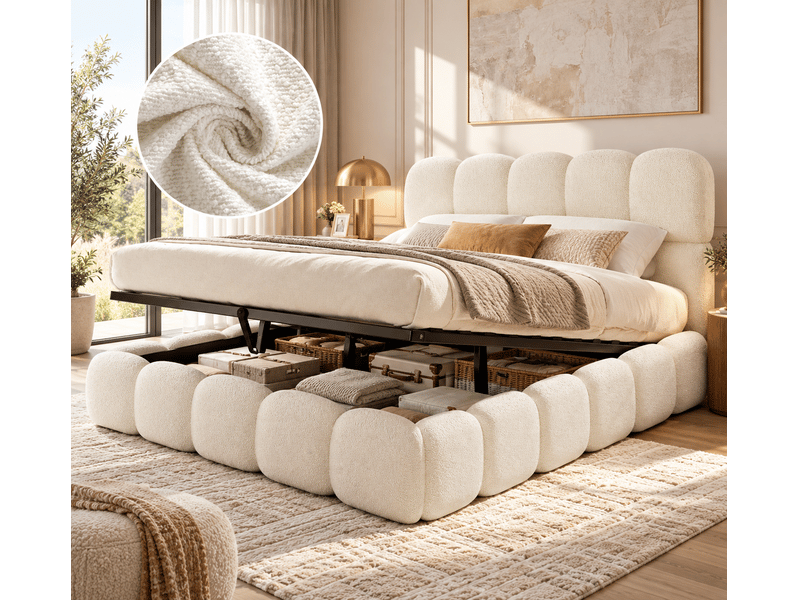  Lit coffre 180 × 200 cm en bouclé blanc avec tête de lit capitonnée Fay Lum - Conforama B