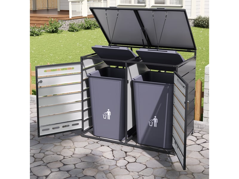 Coffre à poubelles double en fer antirouille, couvercle hydraulique, revêtement imitation bois, ventilation et serrures. - Conforama W