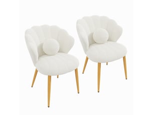 Lot de 2 chaises de salle à manger à dossier coquillage avec coussins et pieds en métal doré, tissu bouclette blanc