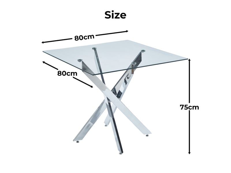  Table de salle à manger carrée avec plateau en verre, pieds métal croisés et style moderne, 80 × 80 × 75 cm, argent  - Conforama E