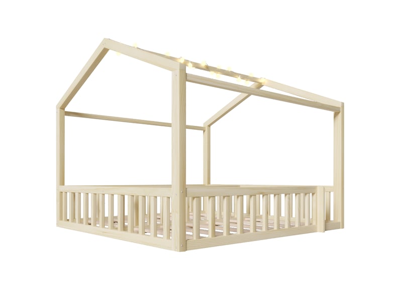 Lit enfant 90 × 190 cm et 180 × 190 cm 1 et 2 places avec barrières et led, sans matelas, en pin massif, naturel - Conforama A