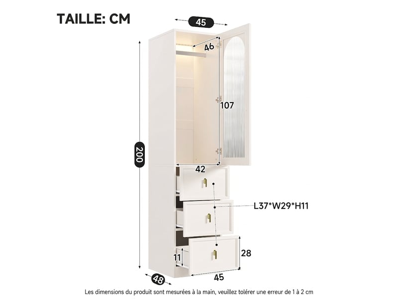  Armoire 2 portes avec miroir effet chêne 90x45x200 cm penderie 4 tiroirs  - Conforama W