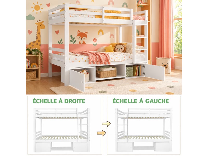  Lit superposé enfant 90 x 200 cm, séparable en 2 lits simples, étagères, meuble à chaussures, casiers de rangement, blanc  - Conforama E