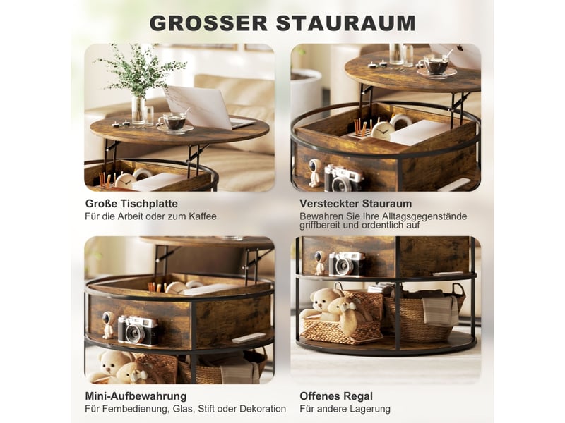  Table basse ronde relevable avec rangement - lpospi - mécanisme acier, plateau levant, bois marron  - Conforama E