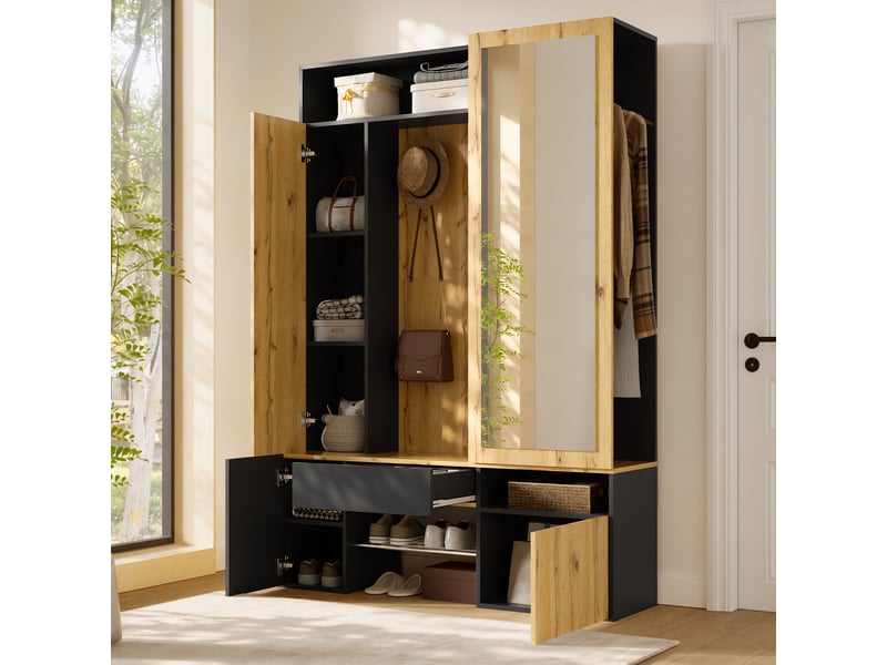 Vestiaire d'entrée 127x35x180,5 cm avec miroir, meuble d'entrée mdf avec penderie, range-chaussures et rangements, armoire de couloir - noir et naturel - Conforama E