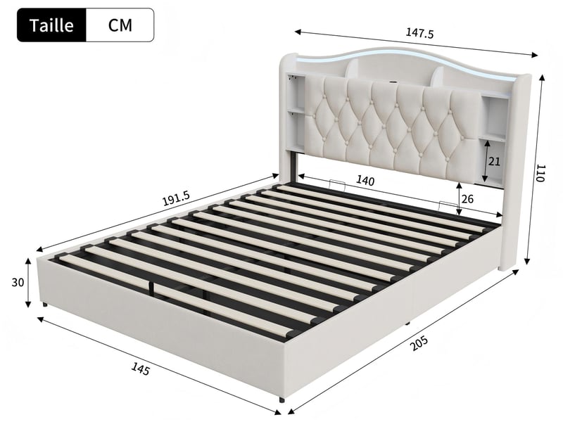 Lit coffre rembourré 140x190 cm - velours - avec éclairage led et port usb - tête de lit avec rangement - Conforama C