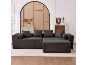 Canapé modulable noir en chenille avec méridienne en l, coussins moelleux, sans montage