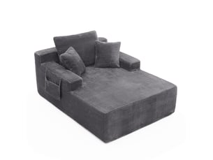 Méridienne 150x110x70 cm, 1 place, poches latérales, coussins, mousse dense, ressorts, velours côtelé, gris foncé