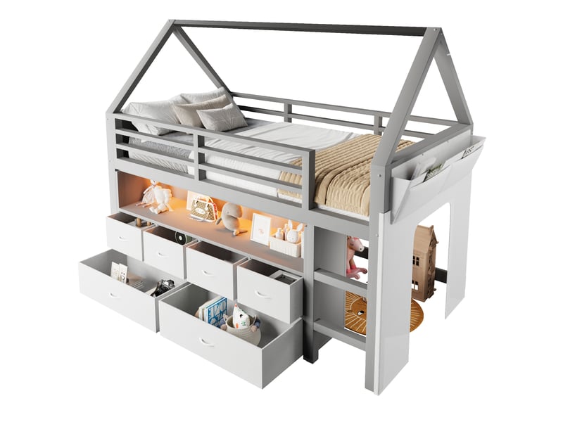  Lit mezzanine enfant avec guirlande led multicolore, 90x200 cm, 6 tiroirs en tissu, forme cabane en pin et mdf gris  - Conforama A