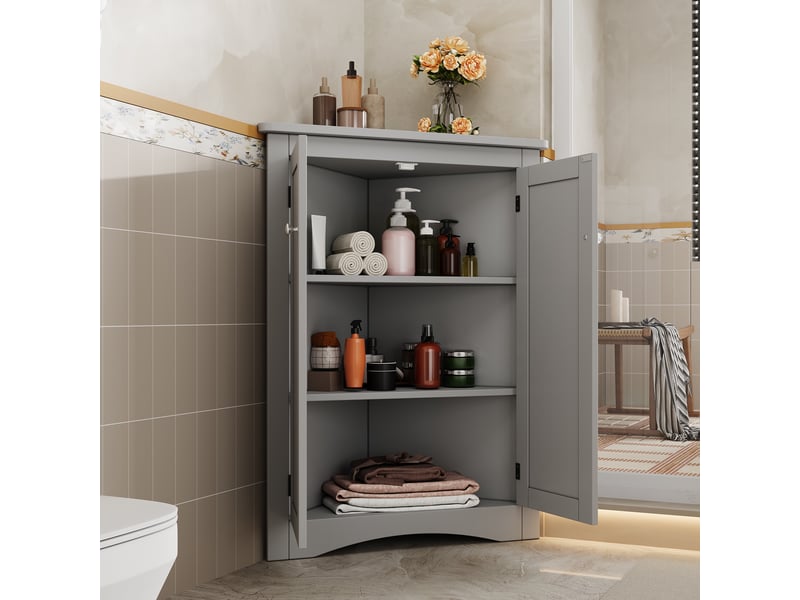 Meuble salle de bain - 61.5x34.5x80cm - armoire de coin autoportante avec 2 portes, 3 niveaux de rangement en bois mdf - gris - Conforama D