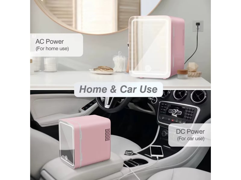  Un réfrigérateur de 4 litres avec éclairage led et miroir, idéal pour les chambres, pour ranger cosmétiques, produits de soin et aliments. Rose.  - Conforama D