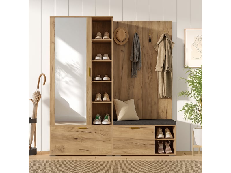 Vestiaire d’entrée 160x38x180 cm, meuble à chaussures et portemanteau, miroir intégré, crochets, panneaux de particules noir et naturel OPULERANE TRADING LTD - Conforama B