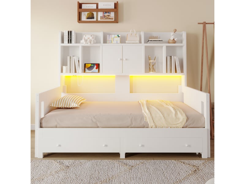 Lit gigogne 90x190 cm avec rangement - canapé lit extensible 180x190 cm - 2 tiroirs, led et prise - bois blanc - Conforama D