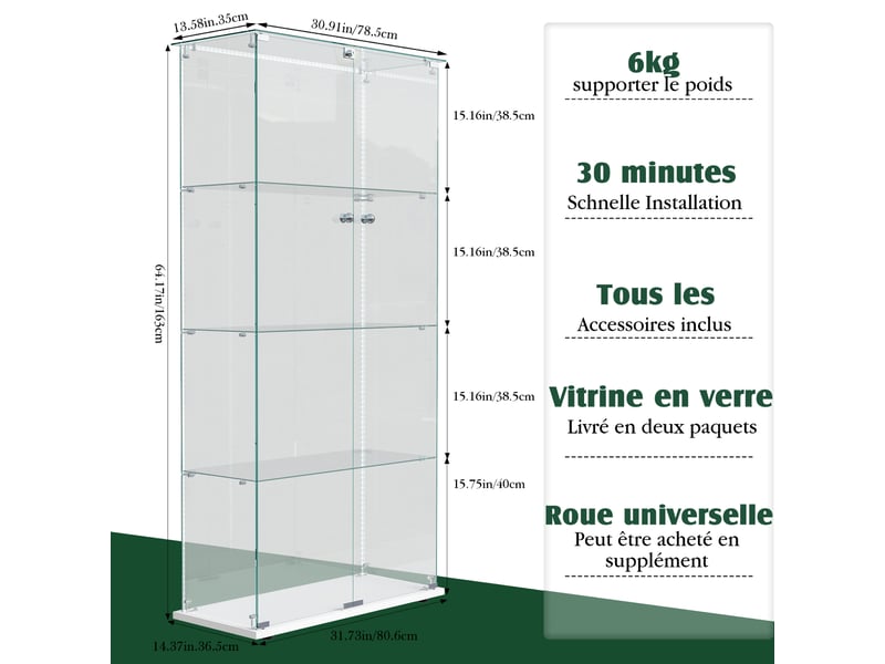  Vitrine en verre 4 niveaux double porte - 78,5 x 36,5 x 163 cm - blanc - grande armoire d'exposition avec ruban led et base blanche  - Conforama B