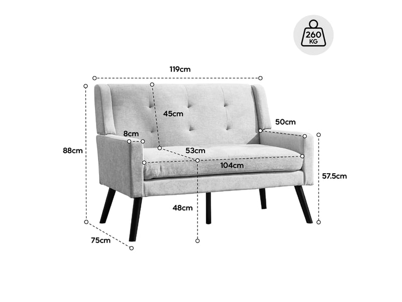 Banc 2 places 120x75x88 cm – gris clair – revêtement en lin et pieds en bois antidérapants - Conforama C