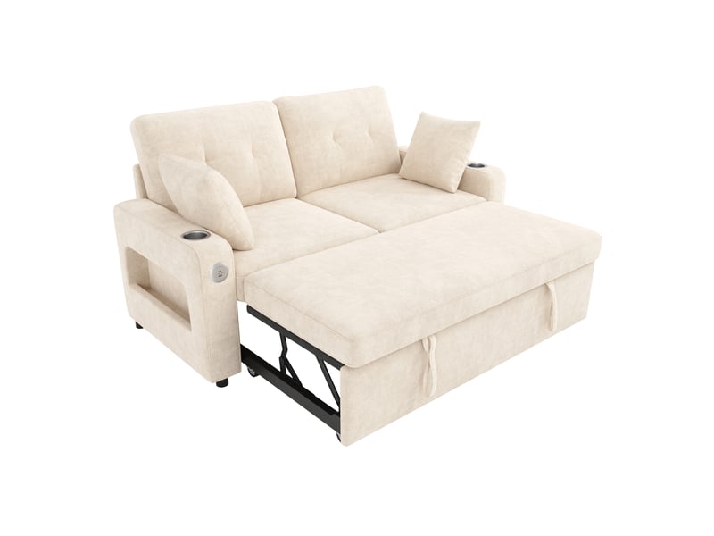 Canapé convertible 2 places, led usb-c avec porte-gobelets 141.5x131x83.5 cm beige - Conforama A