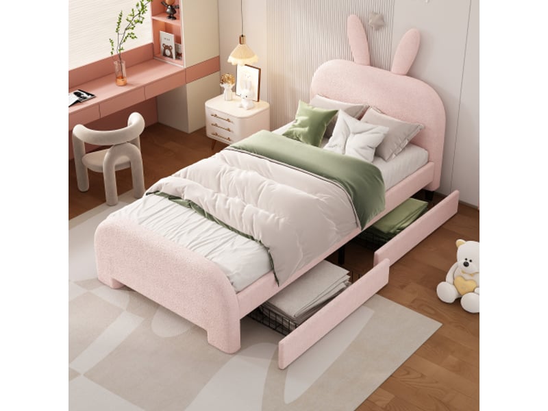 Lit enfant 90x200 cm lit simple avec 2 tiroirs et forme lapin dessin animé, tissu en peluche rose, sans matelas - Conforama B