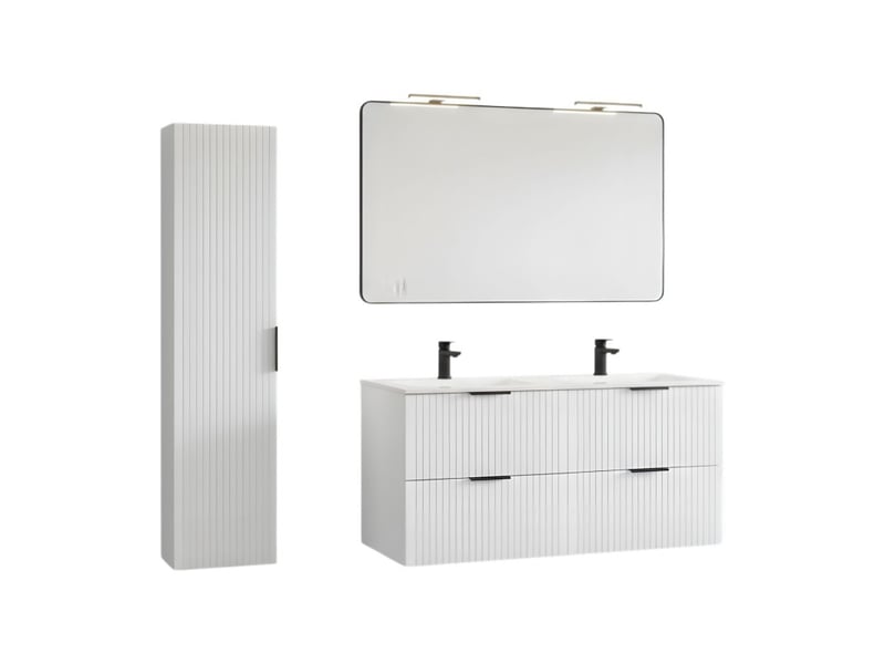  Ensemble de salle de bain noxera 120 cm – meuble sous vasque suspendu blanc alpin avec double vasque encastrée, miroir led et co  - Conforama A