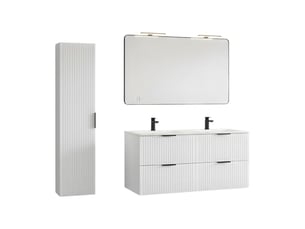 Ensemble de salle de bain noxera 120 cm – meuble sous vasque suspendu blanc alpin avec double vasque encastrée, miroir led et co