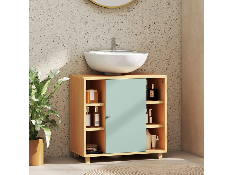 Meuble sous lavabo, meuble de salle de bain avec 6 étagères ouvertes et porte à fermeture amortie 60 x 33 x 57 cm, vert - Conforama B