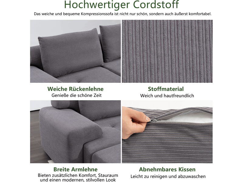  Canapé d'angle modulable 3 places gris foncé 305 cm - velours côtelé, mousse mémoire, canapé sans montage  - Conforama E