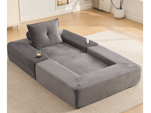 Canapé convertible 2 places avec porte-gobelet et rangement - accoudoirs amovibles, velours côtelé gris foncé