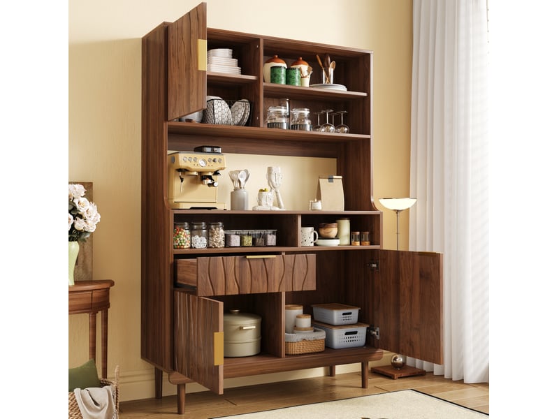  Buffet haut 100x32x170 cm, doté de niches ouvertes, tiroirs et portes, meuble de rangement, pieds bois, noyer, mdf  - Conforama D