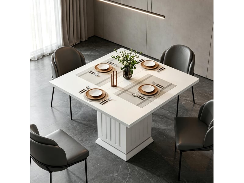  Table à manger carrée 90x90 cm – blanche – 4 places, pied central et plateau en panneau de particules  - Conforama D