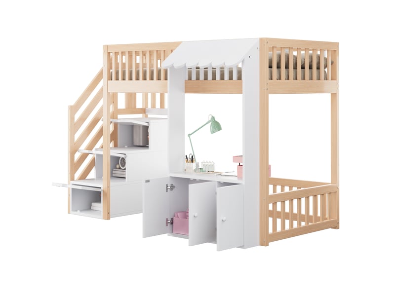 Lit mezzanine enfant 1 place 90x200 cm, escalier avec 3 rangements, armoire, led multicolore, rangement sous le lit, pin et mdf Radiant Stride - Conforama A