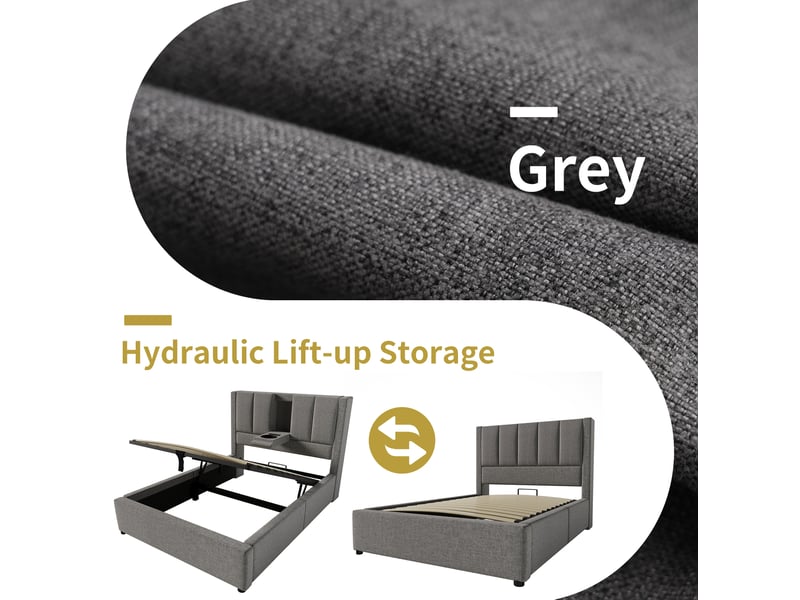  Lit coffre adulte 90x200 cm – gris – chargeur usb-c, porte-gobelet escamotable et matelas inclus  - Conforama E