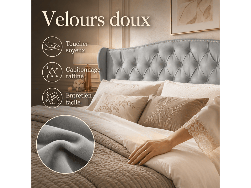  Lit coffre double 160 x 200 cm en velours, lit rembourré avec de rangement hydraulique, lit double avec sommier à lattes et tete de lit capitonné, décor avec boutons,2 personnes, sommier à lattes, chambre adulteado, cadre de lit…  - Conforama R