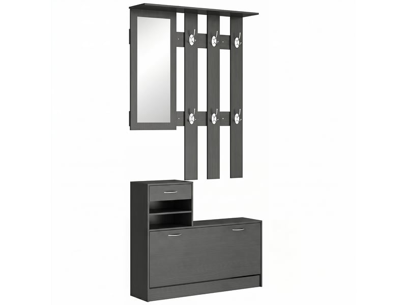  Ensemble d'entrée avec miroir, porte-manteau et étagère à chaussures, mobilier d'entrée 2 pièces avec 6 crochets, noir  - Conforama B