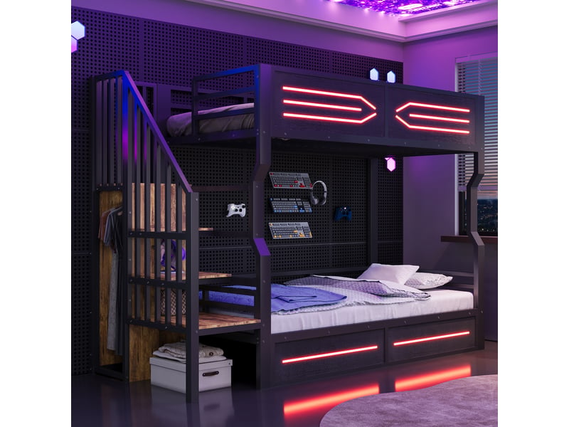  Lit superposés métal 90 x 200 cm avec escalier rangement led armoire garde-corps haut lit ado gain de place noir robuste et moderne  - Conforama C