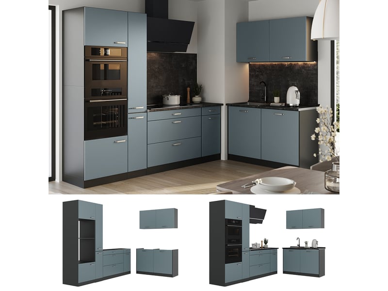  Vicco cuisine en angle, bleu-grisanthracite, 230 x 120 cm plan de travail anthracite  - Conforama D