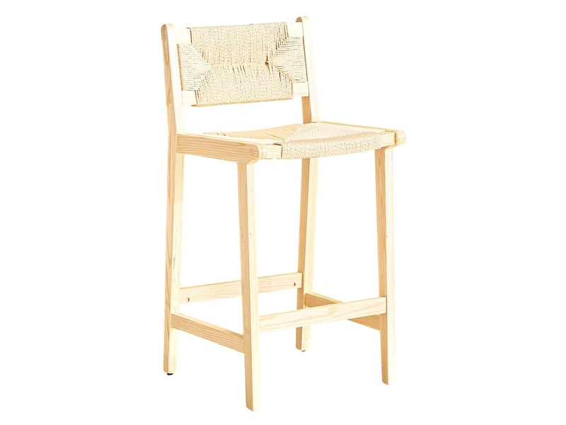 Tabouret de bar en bois avec dossier en corde tressée, style rustique, pour îlot de cuisine, brun naturel  - Conforama A